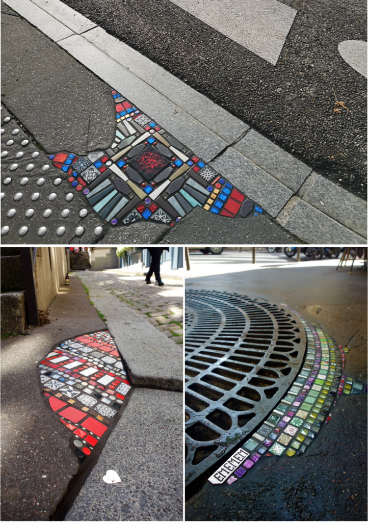 Mosaics used to repair damaged pavement, by Lyon's artist ememem