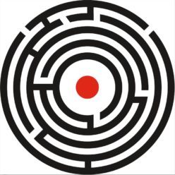 logo of a labyrinth with a red dot in the middle